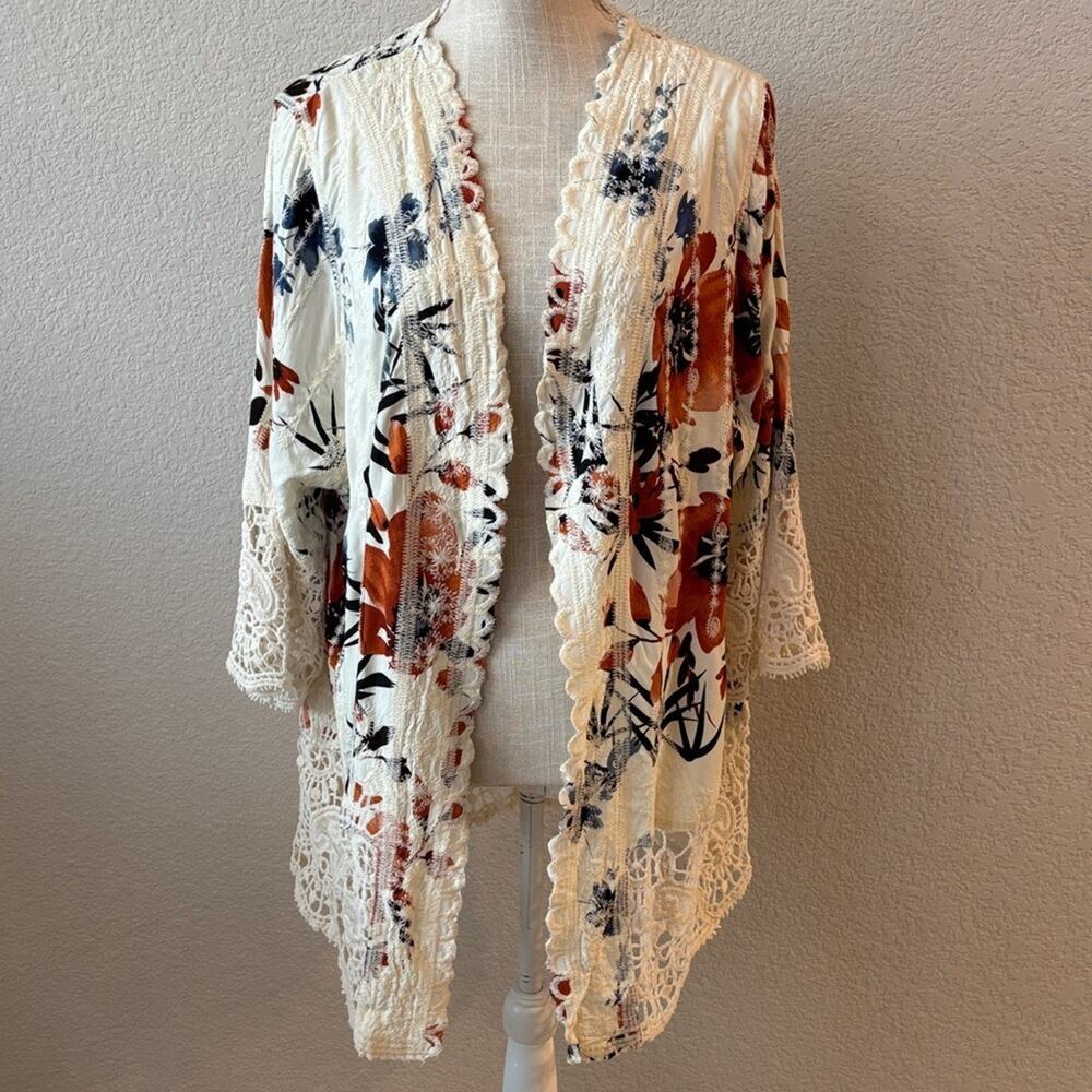 Solitaire Floral Lace Trim Embroidered Kimono Cardigan Boho Beachy NWT Size 1X